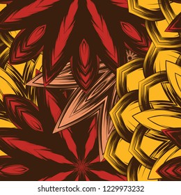 Seamless floral background. Tracery handmade nature ethnic fabric backdrop pattern with flowers. Textile design texture. Decorative color art. Vector
