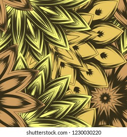 Seamless floral background. Tracery handmade nature ethnic fabric backdrop pattern with flowers. Textile design texture. Decorative color art. Vector