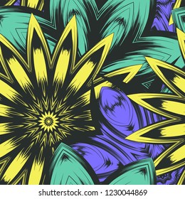 Seamless floral background. Tracery handmade nature ethnic fabric backdrop pattern with flowers. Textile design texture. Decorative color art. Vector