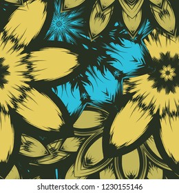 Seamless floral background. Tracery handmade nature ethnic fabric backdrop pattern with flowers. Textile design texture. Decorative color art. Vector