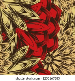 Seamless floral background. Tracery handmade nature ethnic fabric backdrop pattern with flowers. Textile design texture. Decorative color art. Vector