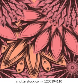 Seamless floral background. Tracery handmade nature ethnic fabric backdrop pattern with flowers. Textile design texture. Decorative color art. Vector