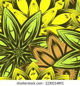 Seamless floral background. Tracery handmade nature ethnic fabric backdrop pattern with flowers. Textile design texture. Decorative color art. Vector
