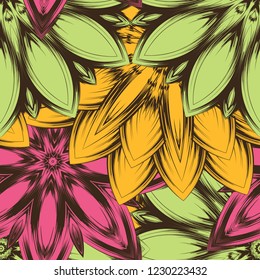 Seamless floral background. Tracery handmade nature ethnic fabric backdrop pattern with flowers. Textile design texture. Decorative color art. Vector
