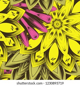 Seamless floral background. Tracery handmade nature ethnic fabric backdrop pattern with flowers. Textile design texture. Decorative color art. Vector