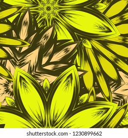 Seamless floral background. Tracery handmade nature ethnic fabric backdrop pattern with flowers. Textile design texture. Decorative color art. Vector