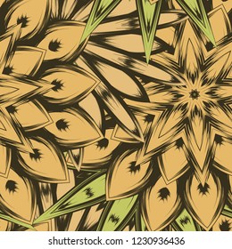 Seamless floral background. Tracery handmade nature ethnic fabric backdrop pattern with flowers. Textile design texture. Decorative color art. Vector