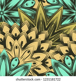 Seamless floral background. Tracery handmade nature ethnic fabric backdrop pattern with flowers. Textile design texture. Decorative color art. Vector