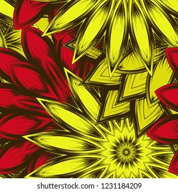 Seamless floral background. Tracery handmade nature ethnic fabric backdrop pattern with flowers. Textile design texture. Decorative color art. Vector