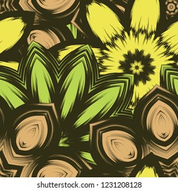 Seamless floral background. Tracery handmade nature ethnic fabric backdrop pattern with flowers. Textile design texture. Decorative color art. Vector