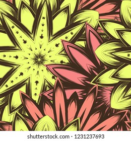Seamless floral background. Tracery handmade nature ethnic fabric backdrop pattern with flowers. Textile design texture. Decorative color art. Vector