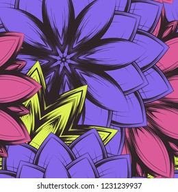 Seamless floral background. Tracery handmade nature ethnic fabric backdrop pattern with flowers. Textile design texture. Decorative color art. Vector