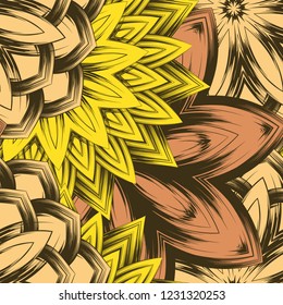 Seamless floral background. Tracery handmade nature ethnic fabric backdrop pattern with flowers. Textile design texture. Decorative color art. Vector