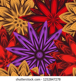 Seamless floral background. Tracery handmade nature ethnic fabric backdrop pattern with flowers. Textile design texture. Decorative color art. Vector