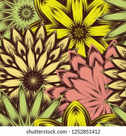 Seamless floral background. Tracery handmade nature ethnic fabric backdrop pattern with flowers. Textile design texture. Decorative color art. Vector