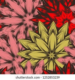 Seamless floral background. Tracery handmade nature ethnic fabric backdrop pattern with flowers. Textile design texture. Decorative color art. Vector