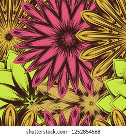 Seamless floral background. Tracery handmade nature ethnic fabric backdrop pattern with flowers. Textile design texture. Decorative color art. Vector