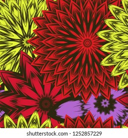 Seamless floral background. Tracery handmade nature ethnic fabric backdrop pattern with flowers. Textile design texture. Decorative color art. Vector