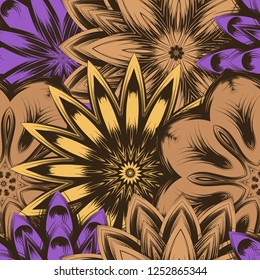 Seamless floral background. Tracery handmade nature ethnic fabric backdrop pattern with flowers. Textile design texture. Decorative color art. Vector