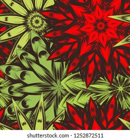 Seamless floral background. Tracery handmade nature ethnic fabric backdrop pattern with flowers. Textile design texture. Decorative color art. Vector