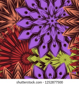 Seamless floral background. Tracery handmade nature ethnic fabric backdrop pattern with flowers. Textile design texture. Decorative color art. Vector