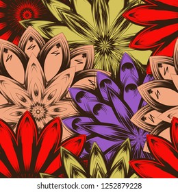 Seamless floral background. Tracery handmade nature ethnic fabric backdrop pattern with flowers. Textile design texture. Decorative color art. Vector