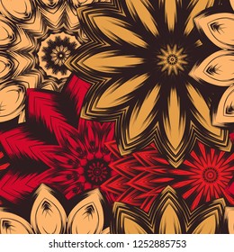 Seamless floral background. Tracery handmade nature ethnic fabric backdrop pattern with flowers. Textile design texture. Decorative color art. Vector