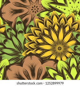Seamless floral background. Tracery handmade nature ethnic fabric backdrop pattern with flowers. Textile design texture. Decorative color art. Vector