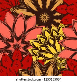 Seamless floral background. Tracery handmade nature ethnic fabric backdrop pattern with flowers. Textile design texture. Decorative color art. Vector