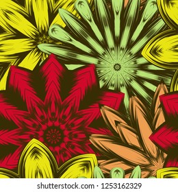 Seamless floral background. Tracery handmade nature ethnic fabric backdrop pattern with flowers. Textile design texture. Decorative color art. Vector