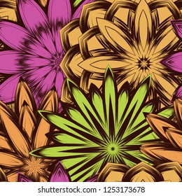 Seamless floral background. Tracery handmade nature ethnic fabric backdrop pattern with flowers. Textile design texture. Decorative color art. Vector