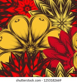 Seamless floral background. Tracery handmade nature ethnic fabric backdrop pattern with flowers. Textile design texture. Decorative color art. Vector