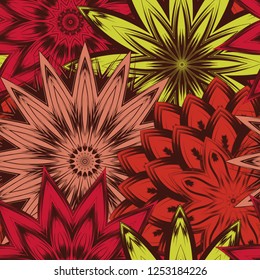 Seamless floral background. Tracery handmade nature ethnic fabric backdrop pattern with flowers. Textile design texture. Decorative color art. Vector