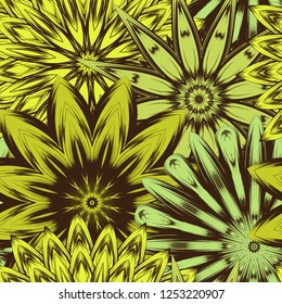 Seamless floral background. Tracery handmade nature ethnic fabric backdrop pattern with flowers. Textile design texture. Decorative color art. Vector