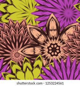 Seamless floral background. Tracery handmade nature ethnic fabric backdrop pattern with flowers. Textile design texture. Decorative color art. Vector