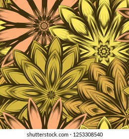 Seamless floral background. Tracery handmade nature ethnic fabric backdrop pattern with flowers. Textile design texture. Decorative color art. Vector