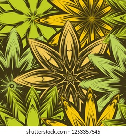 Seamless floral background. Tracery handmade nature ethnic fabric backdrop pattern with flowers. Textile design texture. Decorative color art. Vector