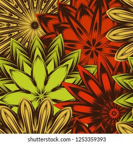 Seamless floral background. Tracery handmade nature ethnic fabric backdrop pattern with flowers. Textile design texture. Decorative color art. Vector