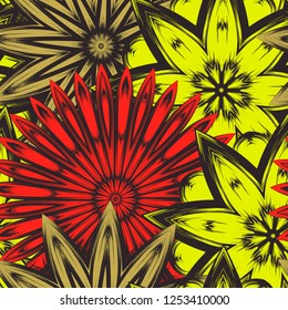 Seamless floral background. Tracery handmade nature ethnic fabric backdrop pattern with flowers. Textile design texture. Decorative color art. Vector