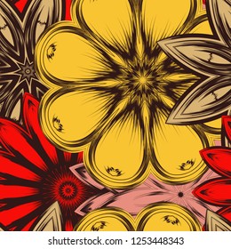 Seamless floral background. Tracery handmade nature ethnic fabric backdrop pattern with flowers. Textile design texture. Decorative color art. Vector