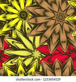 Seamless floral background. Tracery handmade nature ethnic fabric backdrop pattern with flowers. Textile design texture. Decorative color art. Vector