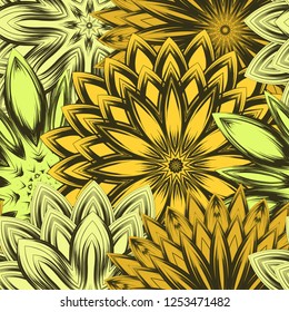 Seamless floral background. Tracery handmade nature ethnic fabric backdrop pattern with flowers. Textile design texture. Decorative color art. Vector