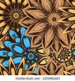 Seamless floral background. Tracery handmade nature ethnic fabric backdrop pattern with flowers. Textile design texture. Decorative color art. Vector