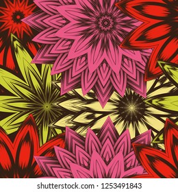 Seamless floral background. Tracery handmade nature ethnic fabric backdrop pattern with flowers. Textile design texture. Decorative color art. Vector