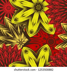 Seamless floral background. Tracery handmade nature ethnic fabric backdrop pattern with flowers. Textile design texture. Decorative color art. Vector