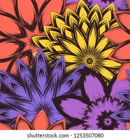 Seamless floral background. Tracery handmade nature ethnic fabric backdrop pattern with flowers. Textile design texture. Decorative color art. Vector