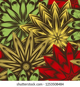 Seamless floral background. Tracery handmade nature ethnic fabric backdrop pattern with flowers. Textile design texture. Decorative color art. Vector