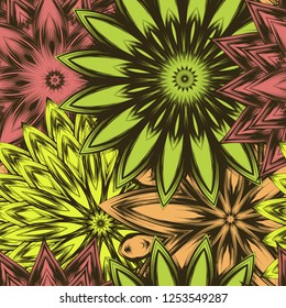 Seamless floral background. Tracery handmade nature ethnic fabric backdrop pattern with flowers. Textile design texture. Decorative color art. Vector