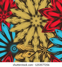 Seamless floral background. Tracery handmade nature ethnic fabric backdrop pattern with flowers. Textile design texture. Decorative color art. Vector