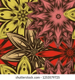 Seamless floral background. Tracery handmade nature ethnic fabric backdrop pattern with flowers. Textile design texture. Decorative color art. Vector